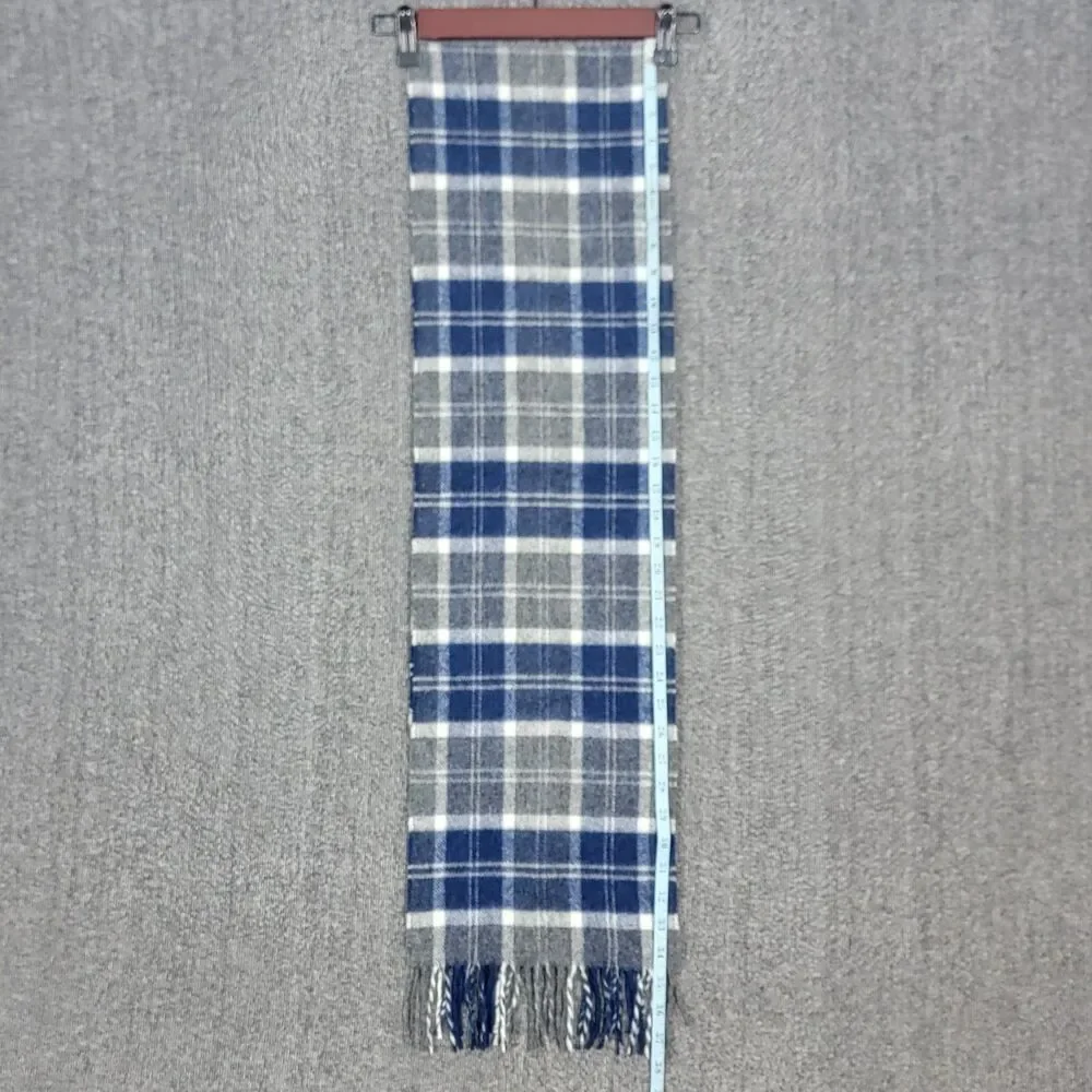 Bronte By Moon Scarf Womens Blue & Gray Plaid Fringed 100% Lambswool